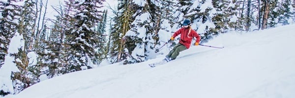 A woman with blond hair, red jacket and sage green ski pants skis on snowy slopes with snow-covered trees in the background.