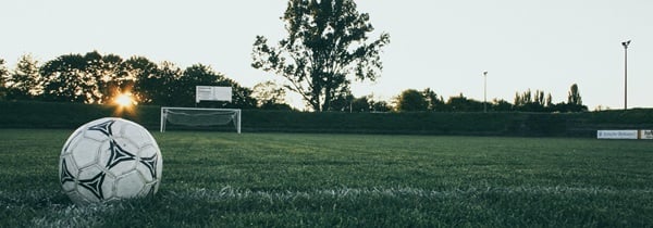 Soccer ball sits in the foreground with a grass field and trees in the background. Photo credit: Markus Spiske